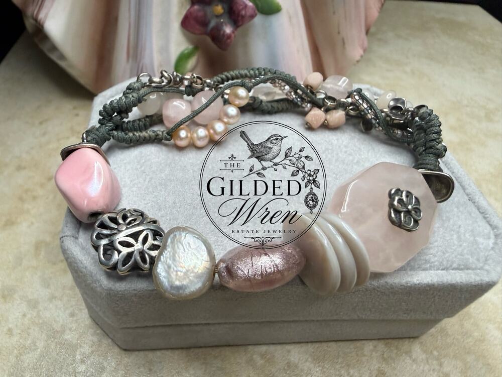 Retired Silpada Reef Stretch Bracelet B2181 Rose Quartz Pearl Sterling Silver 7”